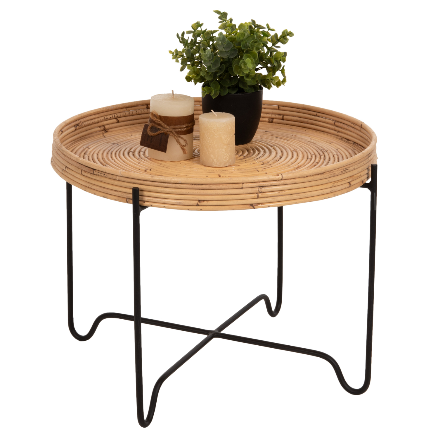 trapezaki-boithitiko-fb97907-rattan-fysi ΤΡΑΠΕΖΑΚΙ ΒΟΗΘΗΤΙΚΟ FLY HM7907 RATTAN ΦΥΣΙΚΟ ΧΡΩΜΑ-ΜΕΤΑΛΛΙΚΗ ΒΑΣΗ ΜΑΥΡΗ Φ50x40Υεκ. - Image 1