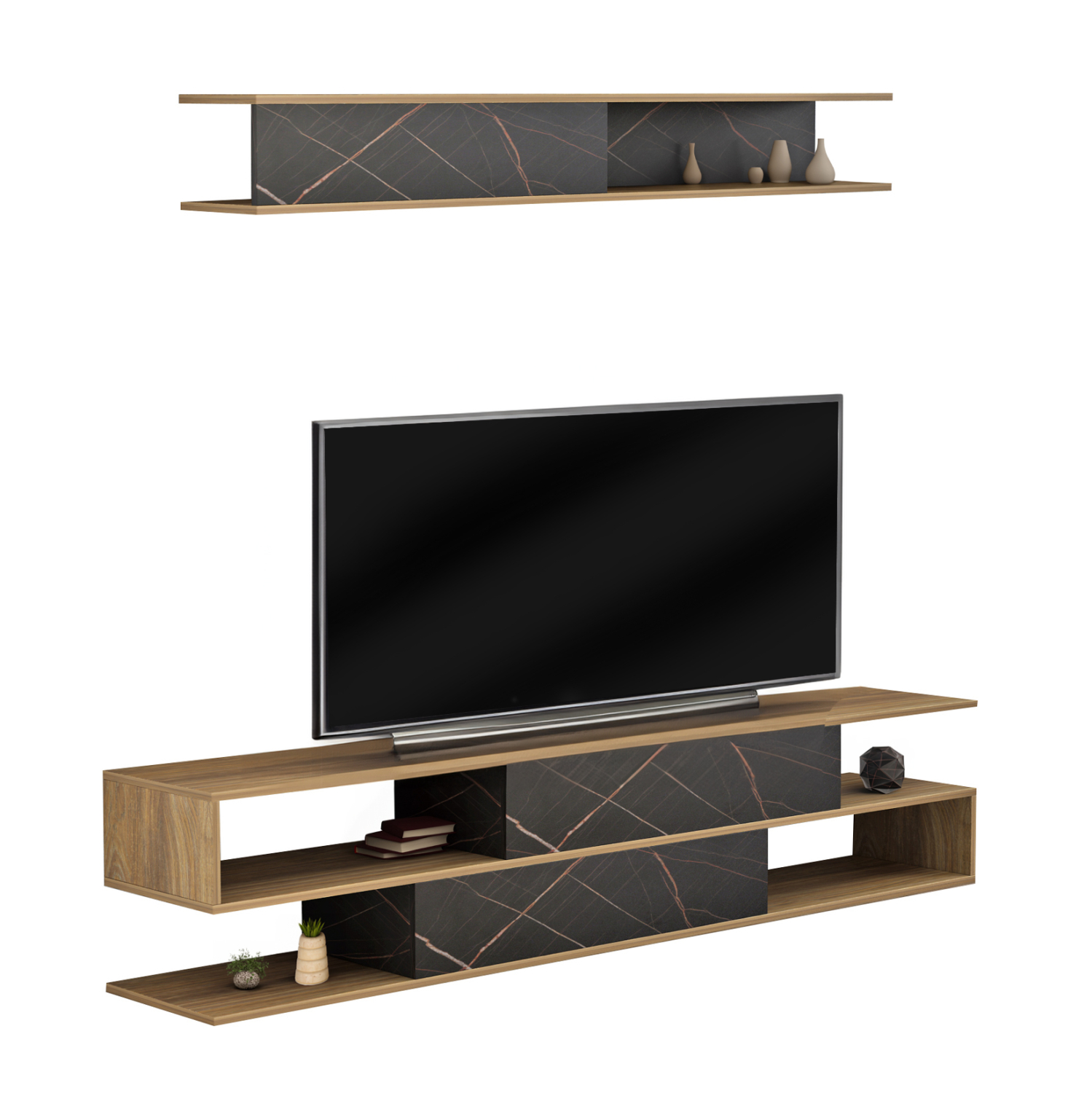 syntheto-tileorasis-fb9890312-melamini-f ΣΥΝΘΕΤΟ ΤΗΛΕΟΡΑΣΗΣ BIRGITTA HM8903.12 ΜΕΛΑΜΙΝΗ ΦΥΣΙΚΟ-ΜΑΥΡΟ ΜΑΡΜΑΡΟ 181x31,5x39,6Υεκ - Image 1